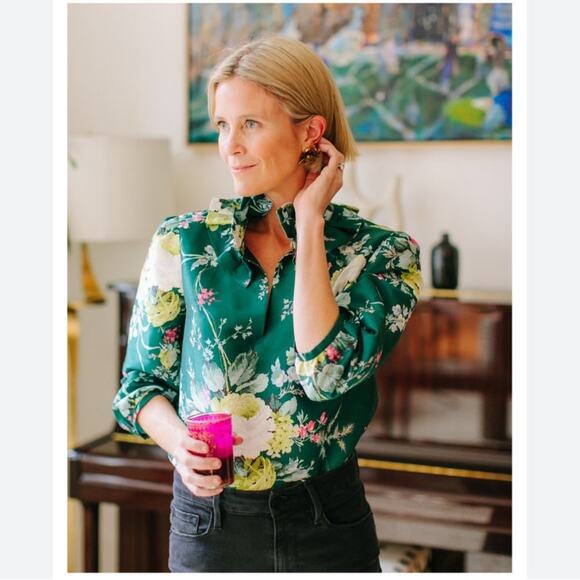 Tuckernuck Bouvier Blouse Green Floral Ruffle Collar Blouson Sleeves Size XS - Picture 3 of 12